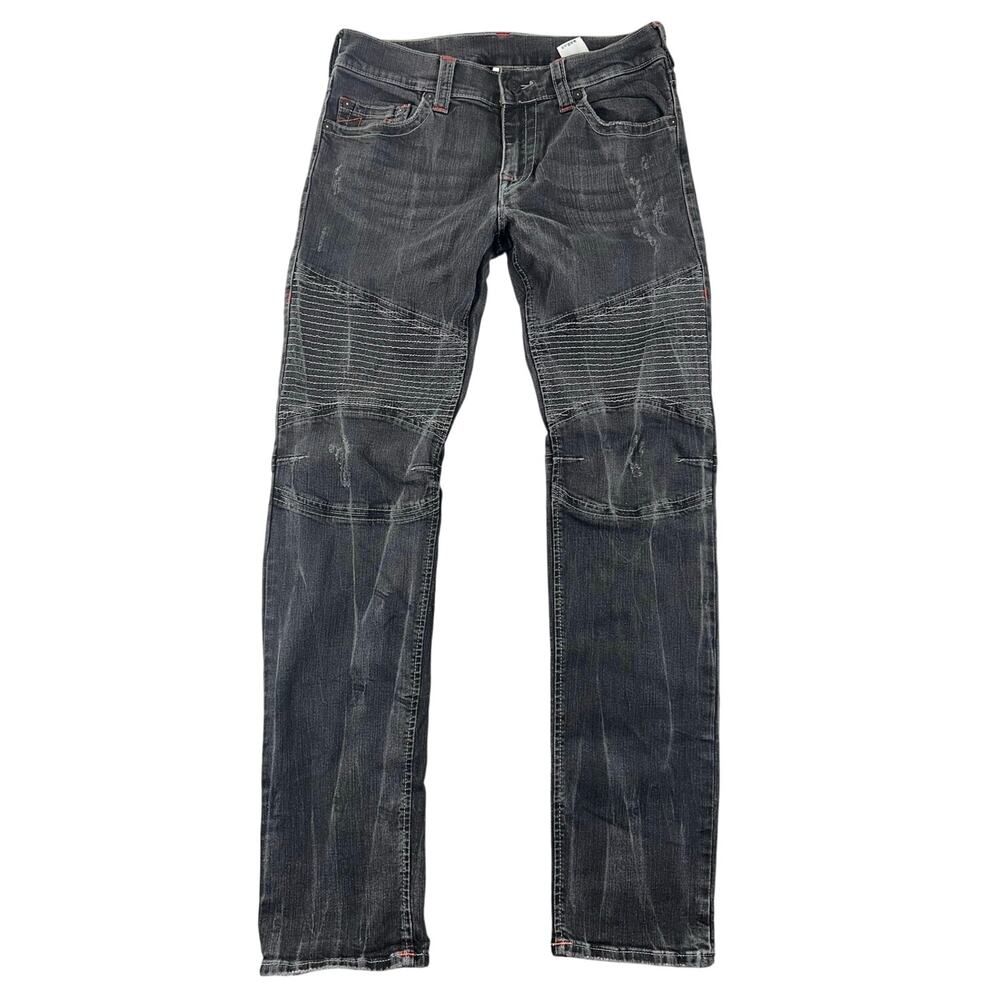 True Religion Moto Jeans Black Wash Biker Stitch Slim Straight Men’s 32